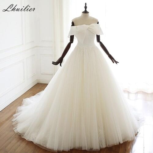 Lhuilier A-line Boat Neck Tulle Wedding Dresses 2020 Elegant Off the Shoulder Floor Length Court Train Beaded Bridal Dress