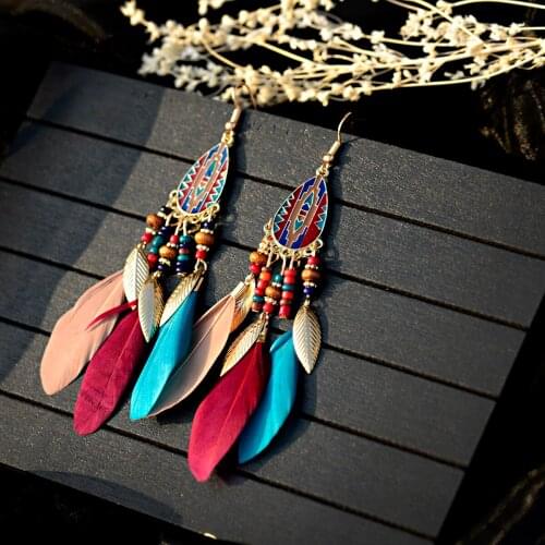 Metallic Retro Ethnic Bohemian Style Nostalgic Court Long Tassel Feather Earrings Women