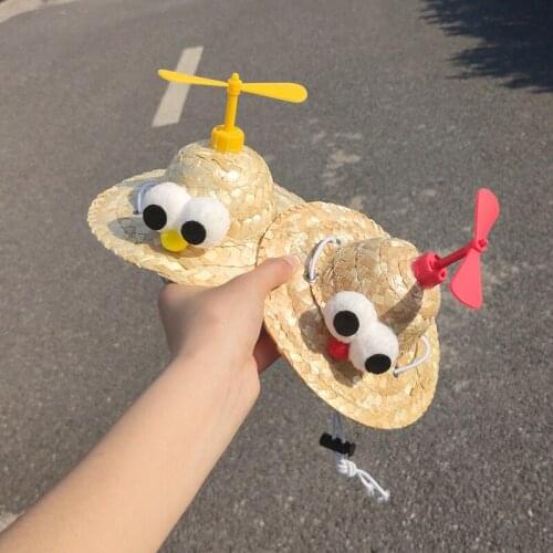 Pet Handcrafted Woven Bamboo Dragonfly Sun Hat Small Dog Straw Hat Cat Outdoor Accessories Hiking Headwear