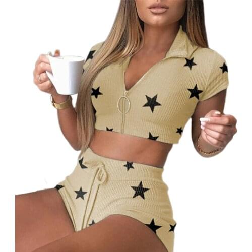 2PCS Women SEXY Star Print Pajama Sets Short Sleeve Zipper Lapel Crop Top Drawstring Shorts Set Casual Style Knitwear