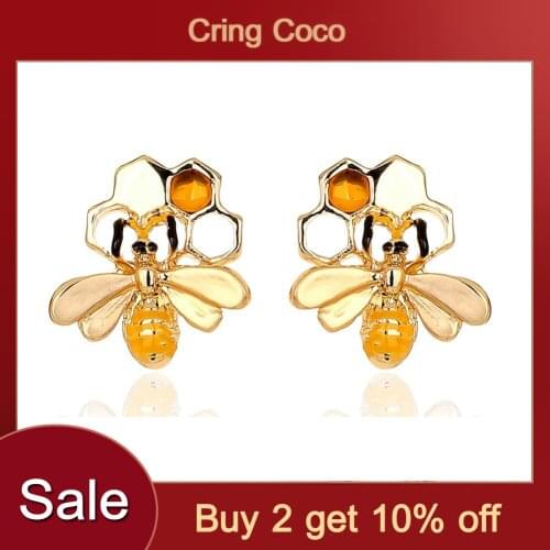 Cring Coco Cute Bee Stud Earrings Enamel Gold Color Metal Insect Small Earring Trendy Alloy Earing for Women Girls Party Gift