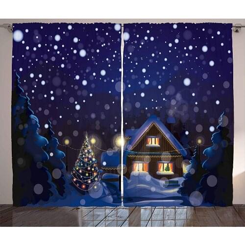Christmas Curtains Winter Night Country Landscape with Little House Among Pine Trees and Snow Living Room Bedroom Window Drapes