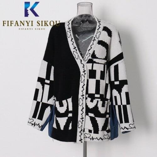 Denim Spliced Fashion Knitted Sweater Jacket Women Autumn Winter Cardigan Letter Knit Coat Pocket V-Neck Loose Sweaters Female