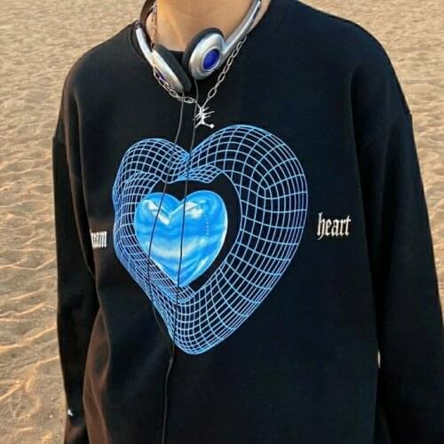 Womens Sweatshirt Korea Ulzzang Casual Fashion Vintage Heart Print Long Sleeve Winter Hip Hop Harajuku Streetwear Sweatshirt