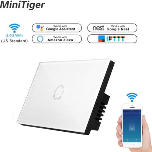 Minitiger US Standard WIFI Smart Touch Switch APP Wireless Remote Light Wall Switch Crystal Glass Panel Work With Alexa / Google