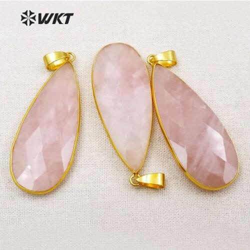 WT-P1348 New Arrival Beautiful Pink Color Quartz Pendant Metal Plated Faced Shape Elegant Quartz Necklaces Pendants