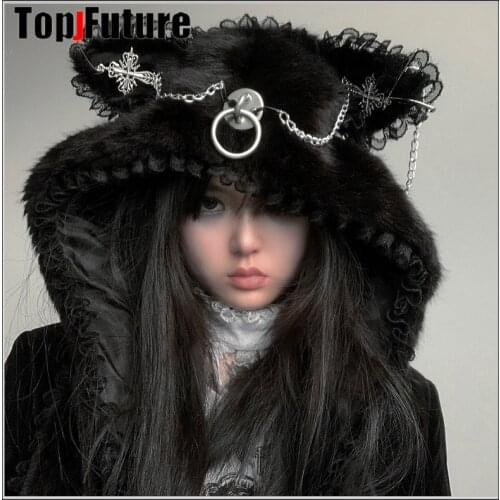 Harajuku Gothic Grunge Mechanical Cat Ear Hat For Women Girls Winter Warm Cute Plush Hooded Gloves Scarf Caps Cosplay furry hat