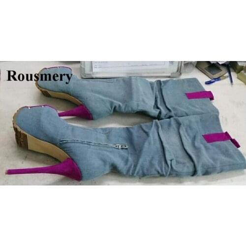 Women Sexy New Fashion Open Toe Wrinkled Design High Platform Denim Boots Stiletto Knee High Heel Boots Super High Heel Boots