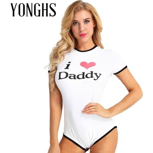 Womens Cosplay Romper Adult I Love Daddy Pattern Short Sleeve Press Button Crotch Cotton Romper Jumpsuit Bodysuit Cosplay