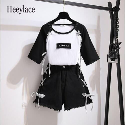 Summer korean two piece set women patchwork T-shirt and side bandage denim shorts set for girt student black Suits women sets