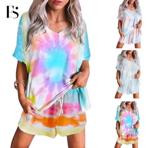 2020 New Arrival Tie-dye Women Pajamas Sets Two Pieces Short Sleeve+pant Casual Tracksuit Loose V Neck Lacing Cotton Sleepwear