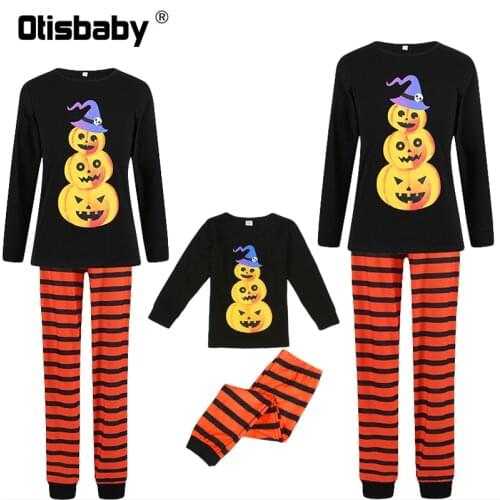 2021 Mother Kids Halloween Pumpkin Print T-shirt Striped Pants Christmas Mom Dad Boy Girl Family Matching Pajamas Clothing Sets