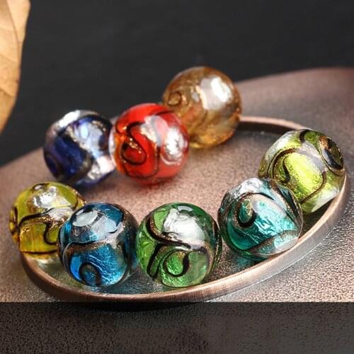 5pcs Round 12mm Foil Strips Handmade Lampwork Glass Loose Beads for Jewelry Making DIY Crafts Findings
