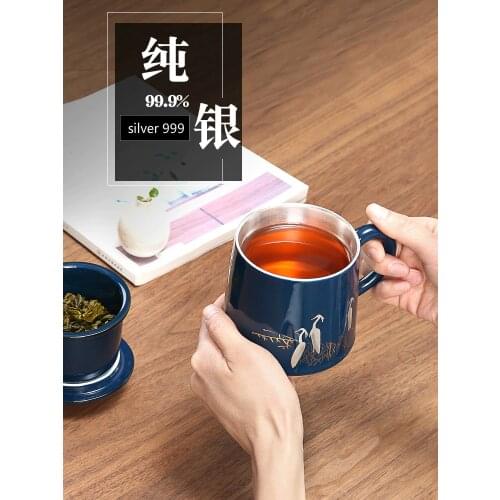 999 sterling silver with lid tea cup filter office Jingdezhen ceramic water separator tea set 4 pieces with cover disc gift box