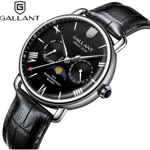 Mens Watch, Quartz Watches Mens Wristwatch Moon Phrase Calendar Leather Strap Waterproof Dress Watches for Men Luxury, Black