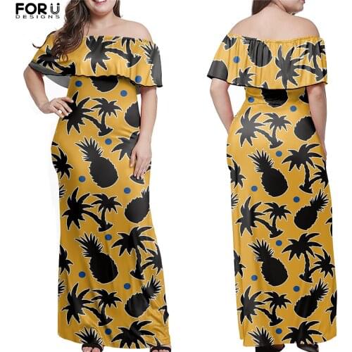 FORUDESIGNS Women Off Shoulder Layered Ruffle Dresses Tropical Fruits Pineapple Print Casual Retro Holiday Skirt Ropa Mujer