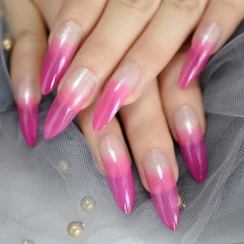 Gradient Rose Pink French Stiletto False Nails Extra Long Pointed UV Gel Press on Fake nails Salon Party Finger Glue on Wear