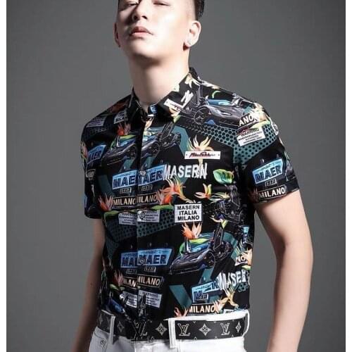 Summer Mens 2021 New Fashion Pattern Shirt European and American Trend Trend Small Lapel Button Casual Slim Short-sleeved Shirt