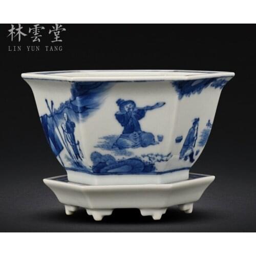 Lin Yuntangs hand painted figure playing blue and white porcelain hexagon flowerpot