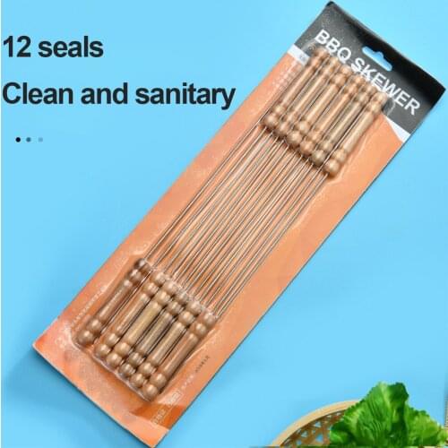 Mango de barbacoa reutilizable con mango, aguja para barbacoa de 30CM, acero inoxidable, aplanada, redonda, opcional, 12 Uds