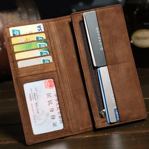Men Long Wallet Crazy Horse Genuine Leather wallet purse for coins Money Bag For Male wallets Thin slim phone wallet money bag