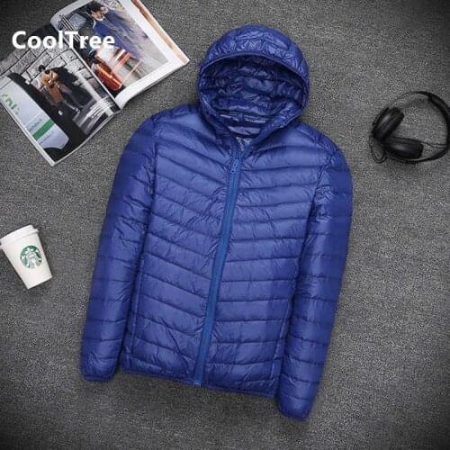 CoolTree Men Down Jackets Autumn Winter Thin and light White duck down Stand collar Hooded Coats Male Slim Solid color Outerwear