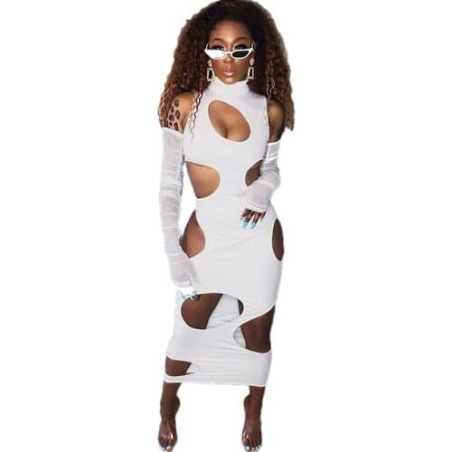 Hollow Out Turtleneck Sexy Bodycon Dress Autumn Women Sleeveless Sheath Ankle-length Maxi Dress Night Club Long Party Dresses