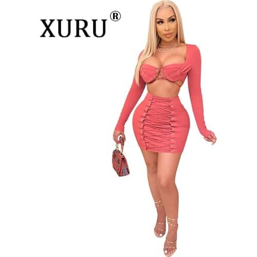 XURU European and American sexy lace-up breast-wrapped dress two-piece long-sleeved hip dress suit