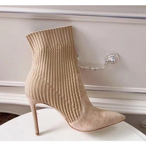 Sexy Genuine Leather High With Short Boots Sharp With Thin Split Elastic Wool Woman Ankle Boots