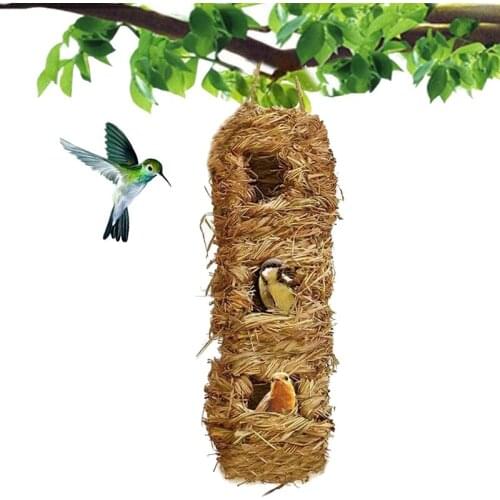 Practical 3 Holes Hanging Grass Bird Houses,Bird Houses for Outside,Bird Roosting Pocket,Grass Bird Hut,Hanging Bluebird Houses
