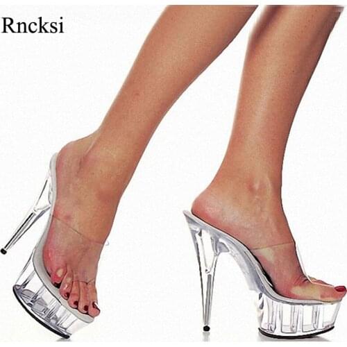 Rncksi Fashion high heels 15cm wedding shoes, 5cm waterproof platform crystal transparent womens Slippers