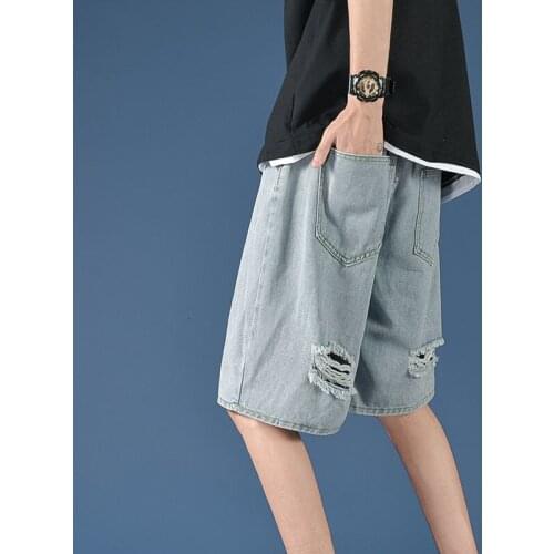 Ripped Wide-leg Jeans Distressed High Street Retro Straight Shorts Oversize Loose Washed Overalls Trendy Casual Five-point Pants
