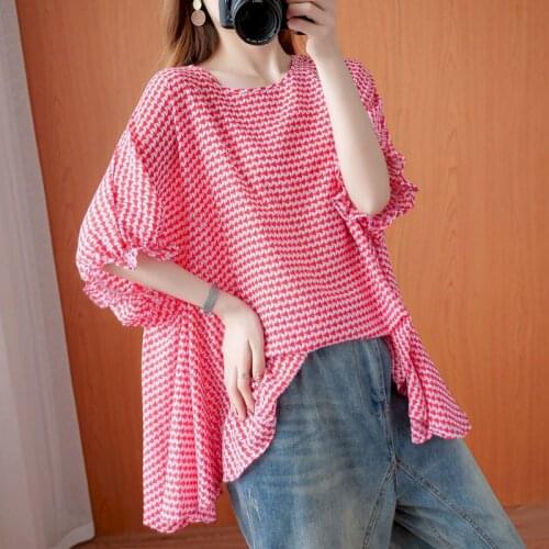 Womens T-shirt Large Size Bat Sleeve Chiffon T-shirt Female Wild Thin Korean Loose Tops Retro Art Blouse Tshirt 2021 Summer New