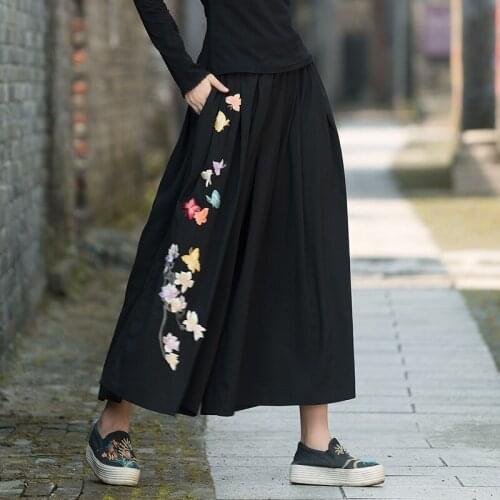 New Cotton Retro Skirts Womens 2021 Embroidery Elastic Waist Wide Leg Pants Loose Leisure All-Match Women Fashion Skirt FF3025