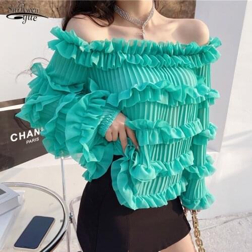 Autumn New Women Slash Neck Solid Ruffle Chiffon Shirt Off Shoulder Long Sleeve Shirt Sweet Casual Candy Color Tops Blusas 15754