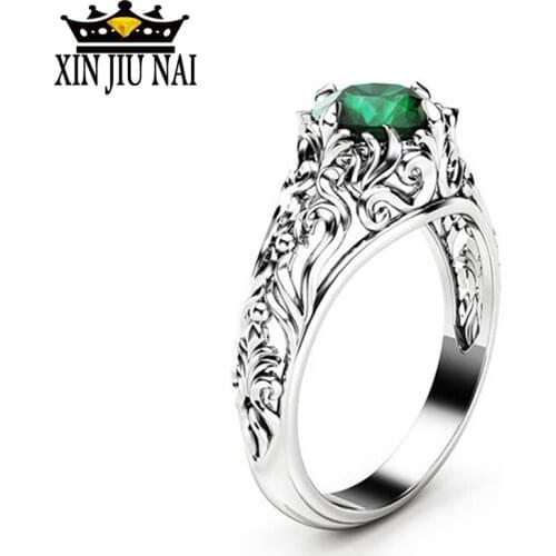 Vintage Silver color Jewelry Green Stone Rings For Women Party Engraving flowers Engagement Ring Bijoux Fashion Accessories