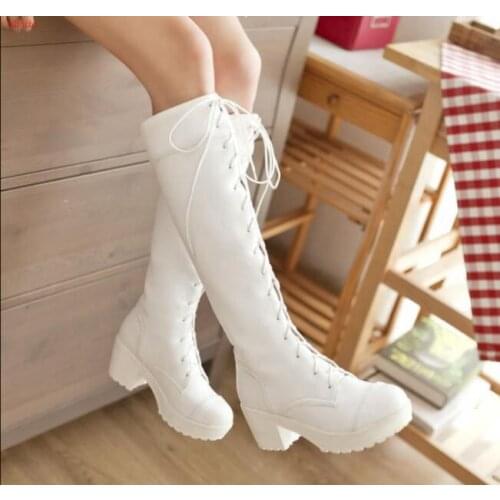 New fashion White boots women shoes lacing martin boots female platform thick heel plus size boots high-leg boots female
