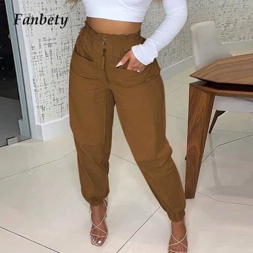 Fashion Solid Color Casual Pocket Button Cargo Pants 2021 Autumn Women Long Pant Casual Harajuku Overalls Ladies Streetwears