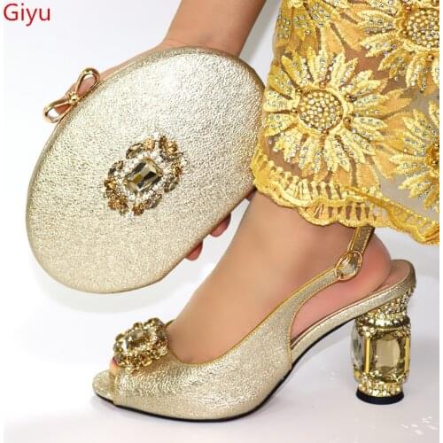 Doershow New Ladies Italian Shoes and Bag Set Gold color African Shoes and Matching Bags Italian Nigerian Shoes and Bag SFY1-2