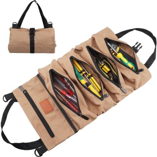 Canvas Roll-up Tool Bag Multi-Purpose Tool Roll Pouch Tool Organizer with 5 Zipper Pockets Carrier Bag Car Motorcycle Storaging