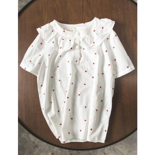 Lamtrip Sweet Kawaii Hearted Polka Dots Embroidery Short Sleeve Ruffles Cotton Shirt Blouse Top Mori Girl 2021 Summer
