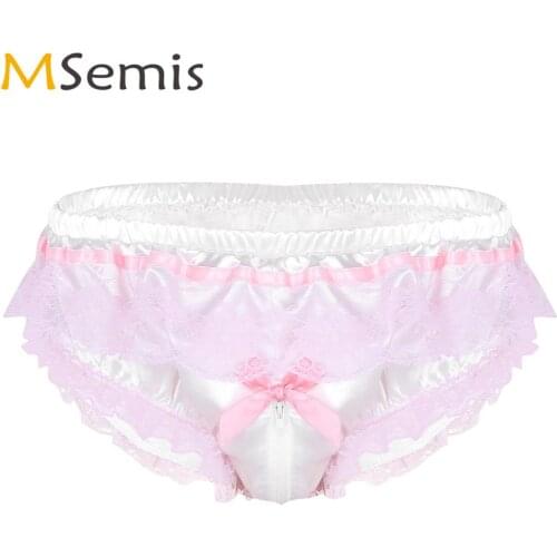 Men Wetlook Satin Underwear Sexy Homme Sissy Panties Cute Pink Ruffled Floral Lace Briefs Gay Zipper Open Crotch Bikini Knickers