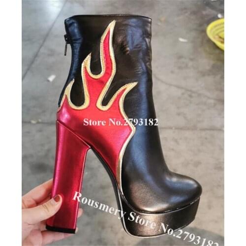 New Fashion Women ound Toe Flame Printed Chunky Heel Short Boots White Black Embroidery Patchwork Thick High Heel Ankle Booties