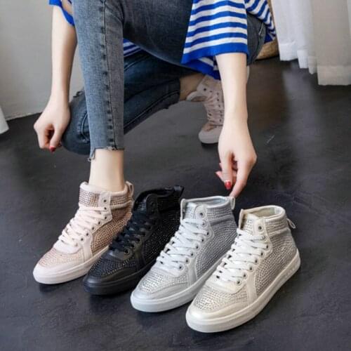 New Shoes Lace-Up High-Top Shoes Female Genuine Leather Thick Sneakers Shoes Flat Casual Rhinestone Womens Shoes X15-70