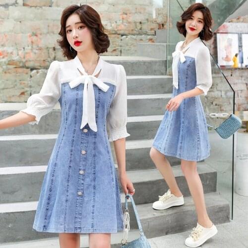 New Summer Style Women Dresses Casual Bow Collar Chiffon Patchwork Collect Waist Jeans For Females Short Sleeve Denim One-Piece