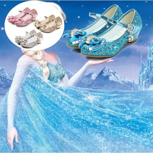 Girls Crystal Sandals For Kids Cosplay Princess High Heel Glitter Leather Shoes Children Blue White Pink Solid Color Party Shoes