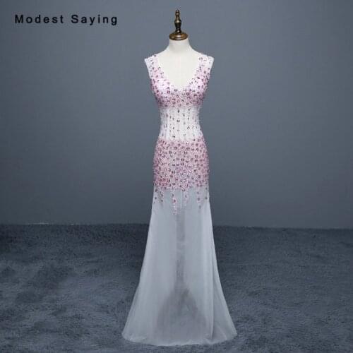 Pink Luxury Transparent Mermaid Rhinestone Evening Dresses 2018 Sexy Backless Women Long Party Prom Gowns vestido longo de festa