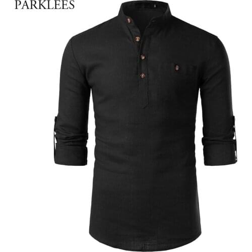 Solid Color Cotton Linen Shirt Men Mandarin Collar Long Sleeve Mens Dress Shirts with Pocket Casual Business Work Chemise Homme