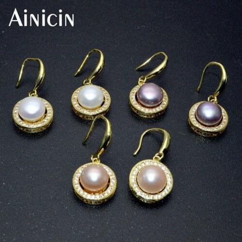 High Quality Natural Freshwater Pearl Ear Rings Gold Color Rhinestone Crystal Setting Round Coin Shape Hook Earrings For Women