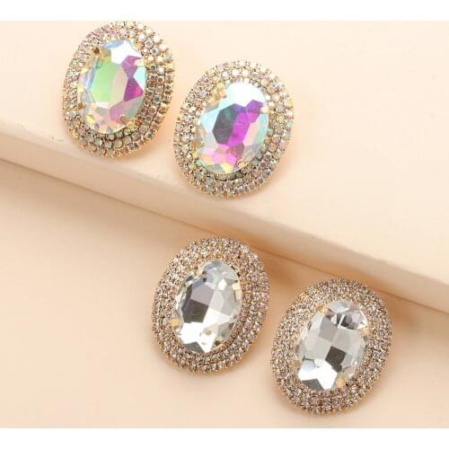 Vintage Pave AB Clear Color Crystal Jewelry Alloy Oval Many Sections Glass Dot Stud Earrings For Women